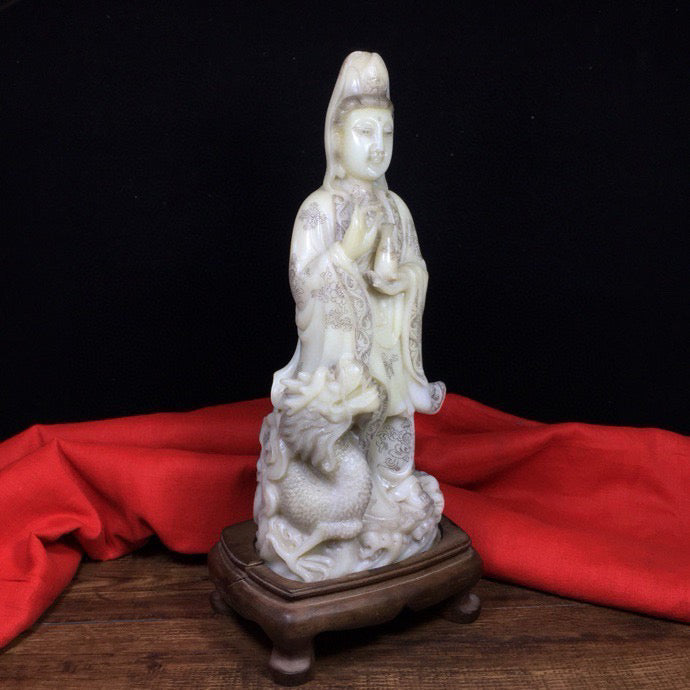 Chinese Antique Shoushan Stone Dragon Subduing Guanyin