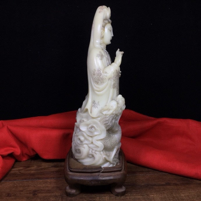 Chinese Antique Shoushan Stone Dragon Subduing Guanyin