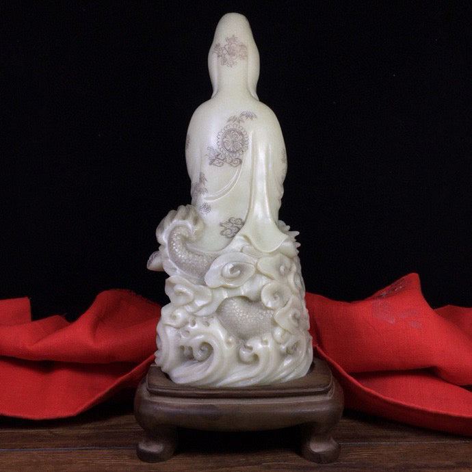 Chinese Antique Shoushan Stone Dragon Subduing Guanyin