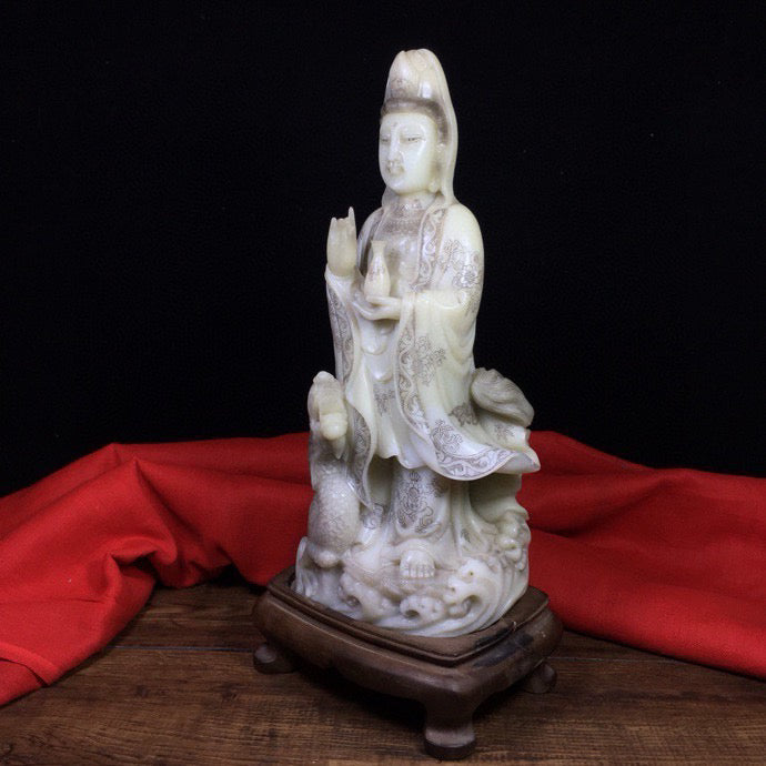 Chinese Antique Shoushan Stone Dragon Subduing Guanyin