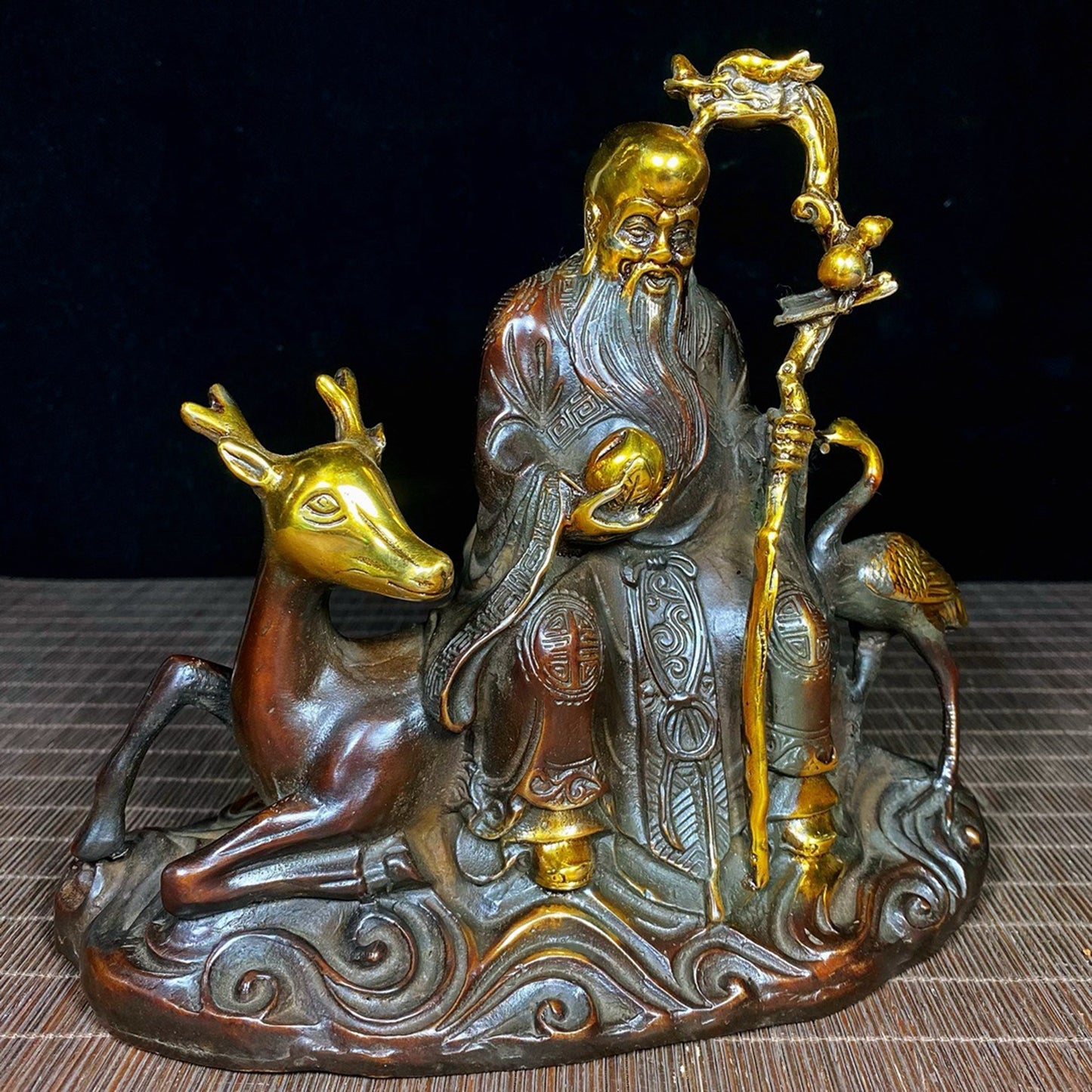 Pure copper gilded deer and crane with spring longevity star