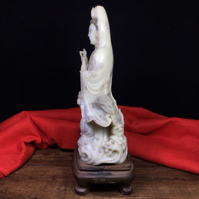 Chinese Antique Shoushan Stone Dragon Subduing Guanyin