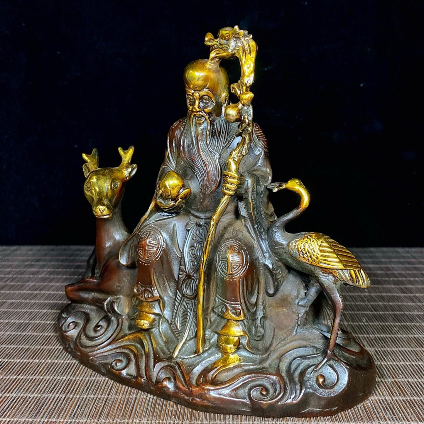Pure copper gilded deer and crane with spring longevity star