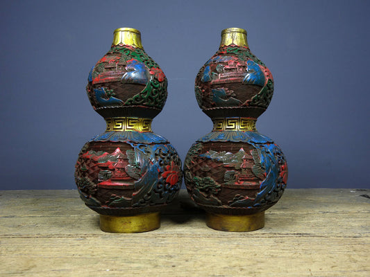 Chinese antique lacquerware with hand-painted Fulu paired bottles
