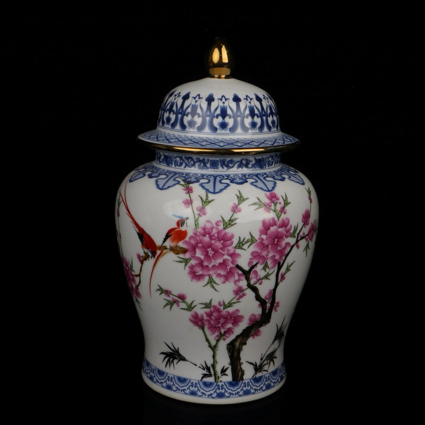 Blue and white jar with colorful bird songs and floral fragrance patterns