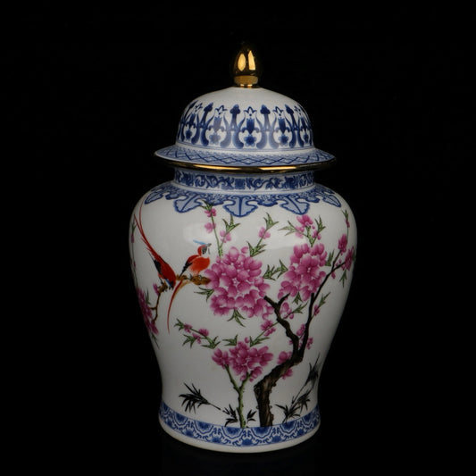Blue and white jar with colorful bird songs and floral fragrance patterns