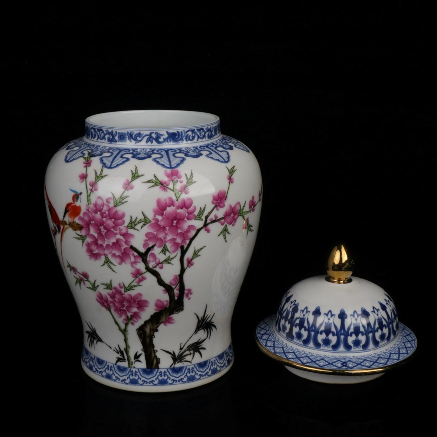 Blue and white jar with colorful bird songs and floral fragrance patterns