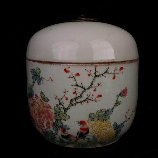 Pink flower and bird patterned small ginseng jar