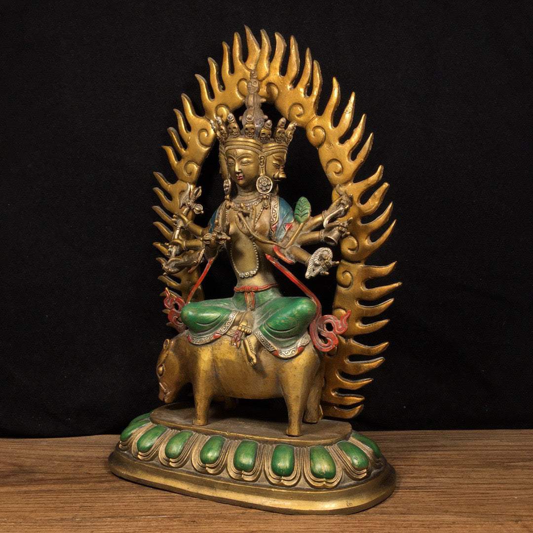 Chinese Antique Pure Copper Pig Riding Vajra Bright Buddha Statue