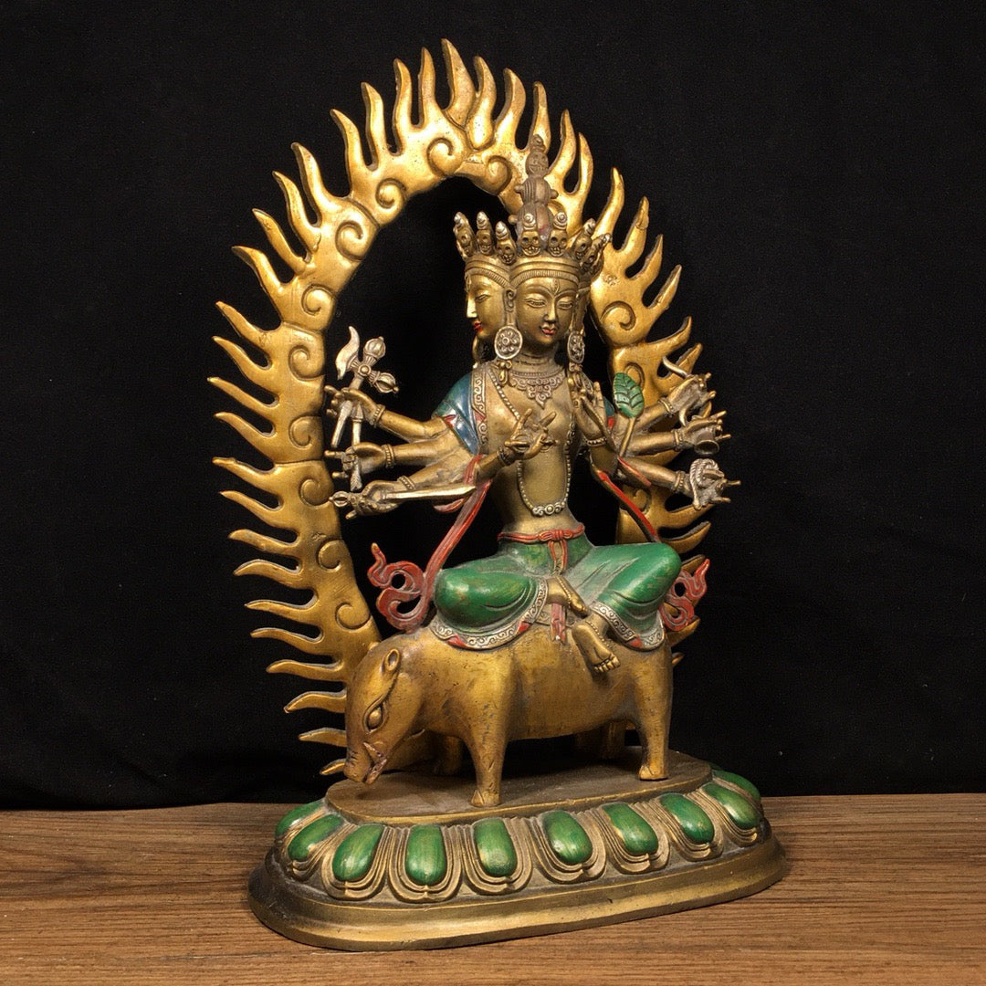 Chinese Antique Pure Copper Pig Riding Vajra Bright Buddha Statue