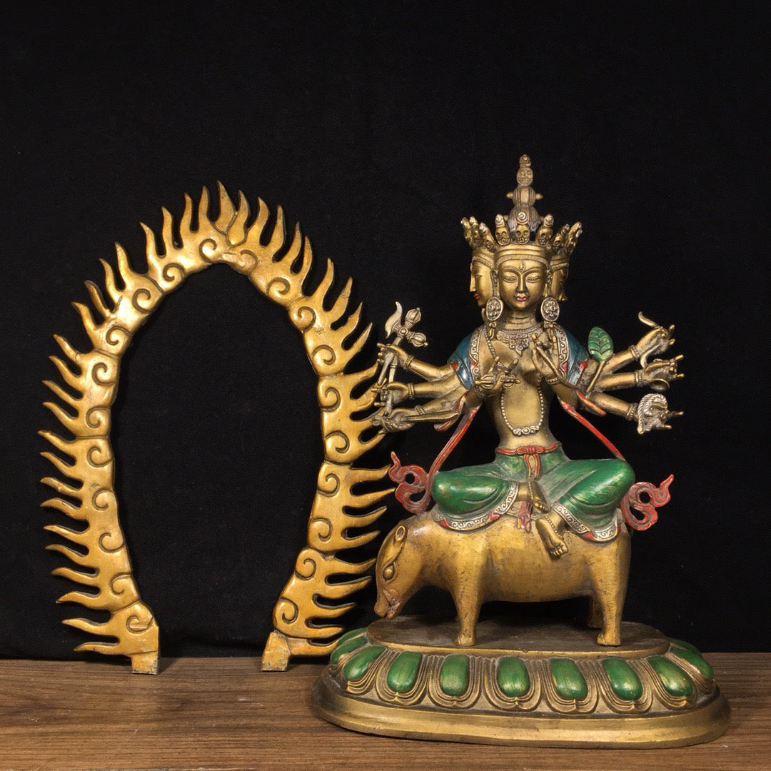 Chinese Antique Pure Copper Pig Riding Vajra Bright Buddha Statue