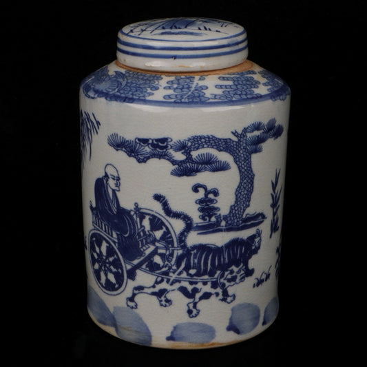 Blue and White Ghost Valley Descending Mountain Pattern Tea Jar