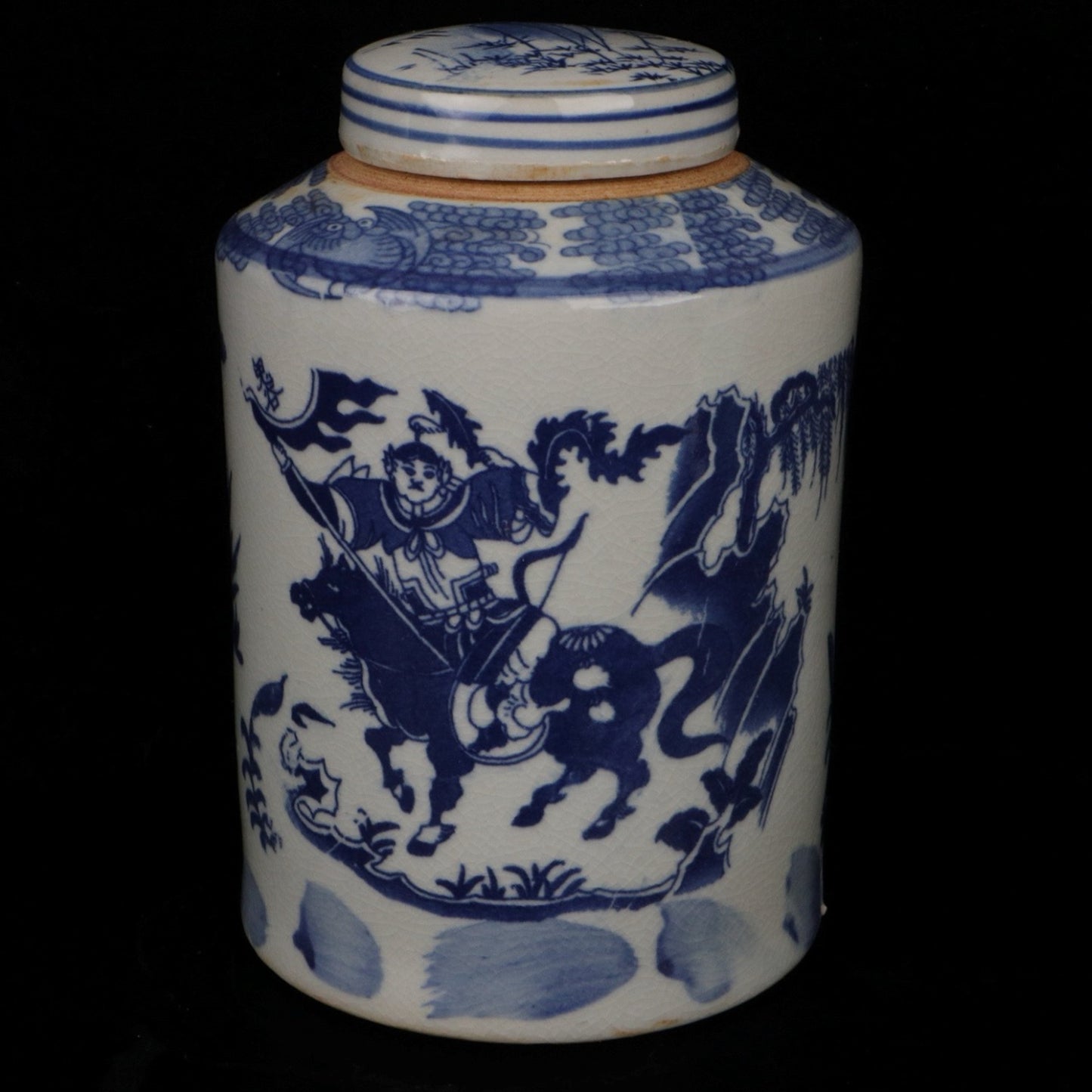 Blue and White Ghost Valley Descending Mountain Pattern Tea Jar