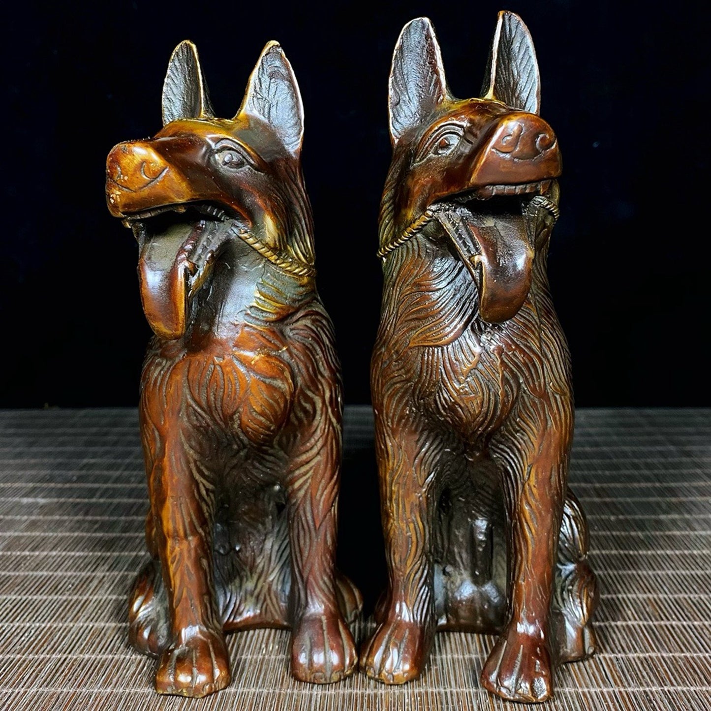 A pair of pure copper Dianjin Wangcai dogs