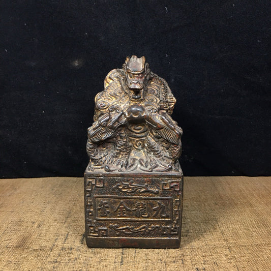 Chinese Antique Pure Copper Water Nine Dragon Gold Seal Ornament