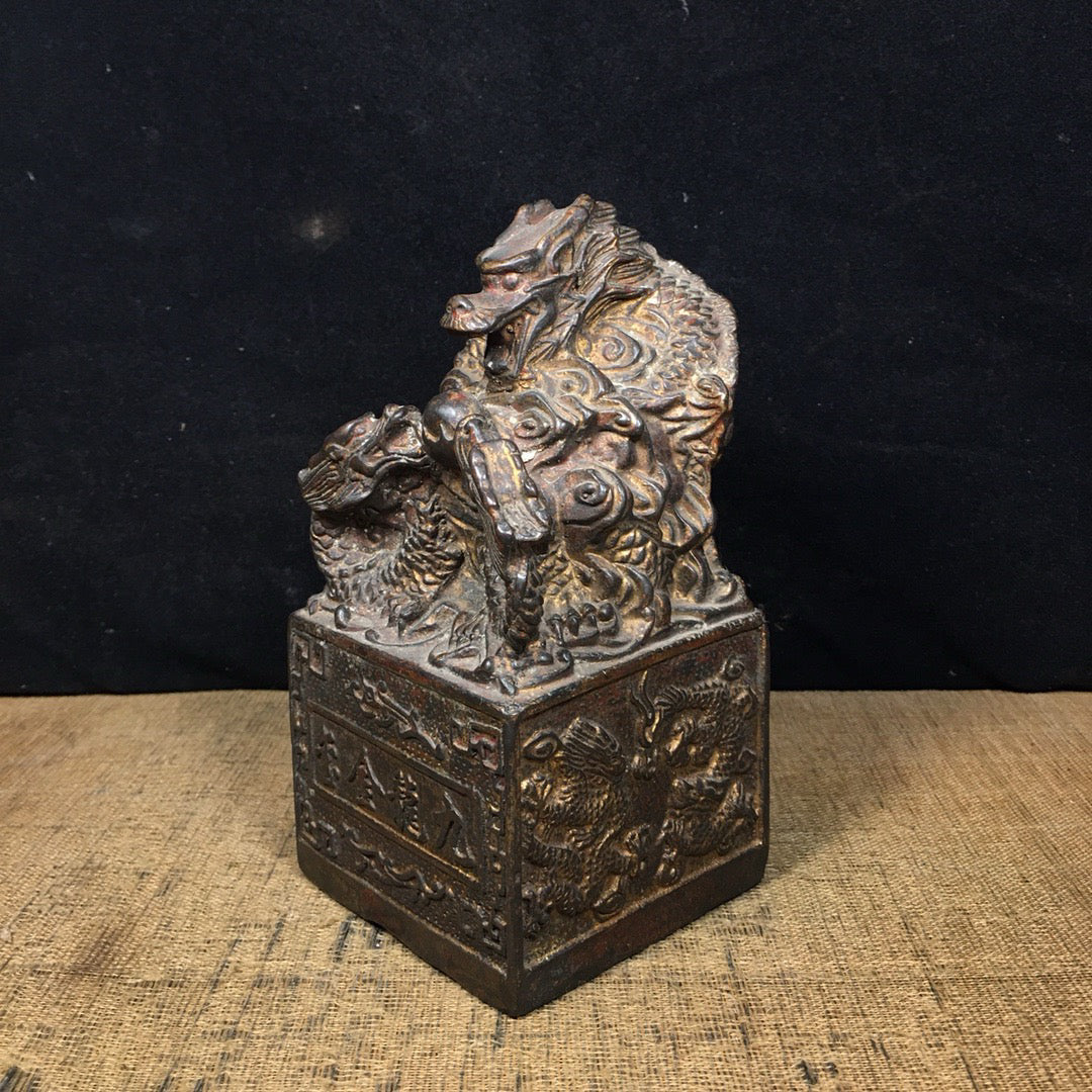 Chinese Antique Pure Copper Water Nine Dragon Gold Seal Ornament