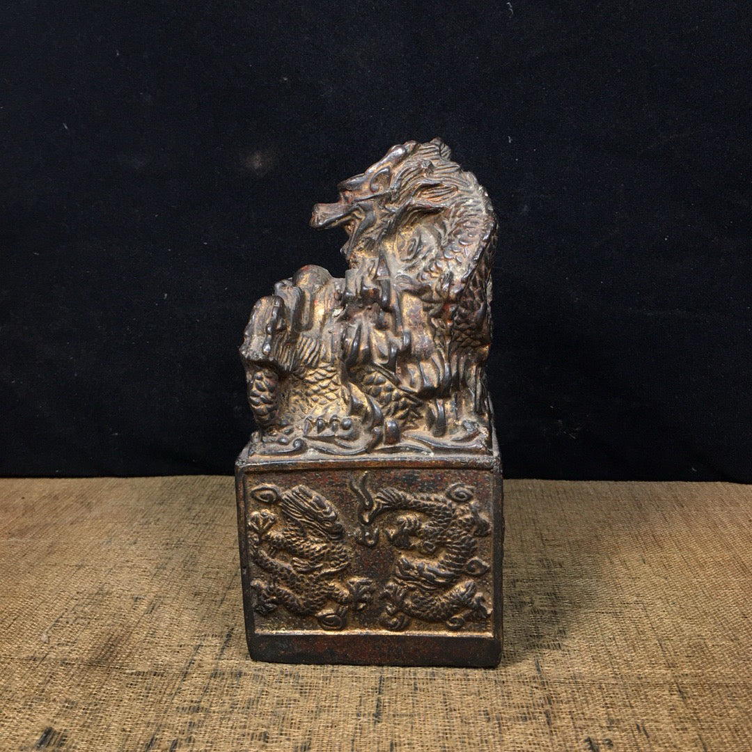 Chinese Antique Pure Copper Water Nine Dragon Gold Seal Ornament