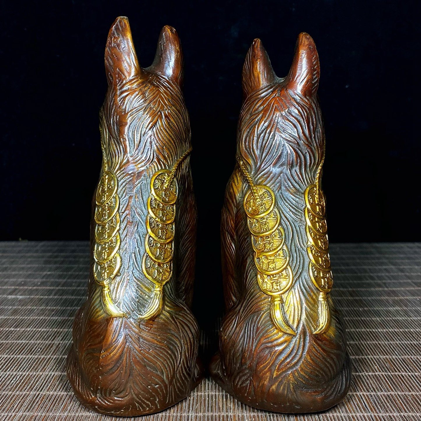 A pair of pure copper Dianjin Wangcai dogs