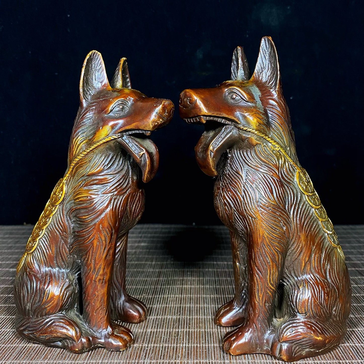 A pair of pure copper Dianjin Wangcai dogs