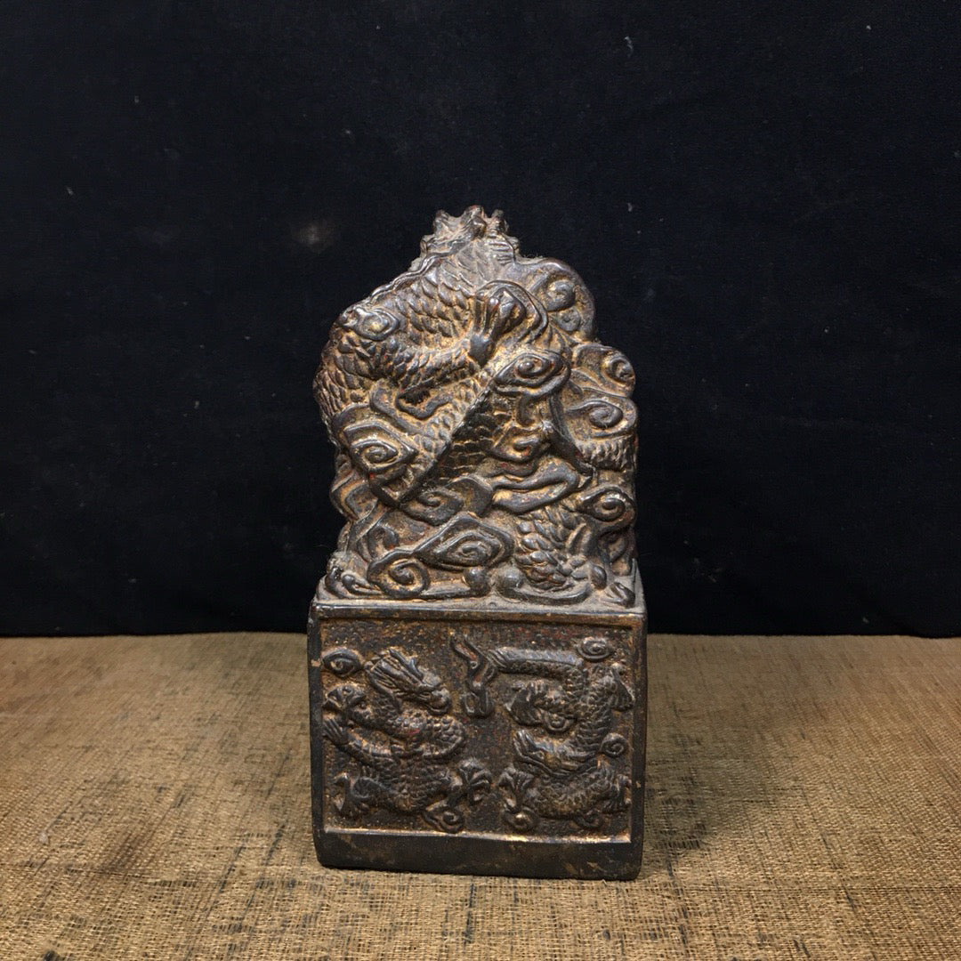 Chinese Antique Pure Copper Water Nine Dragon Gold Seal Ornament