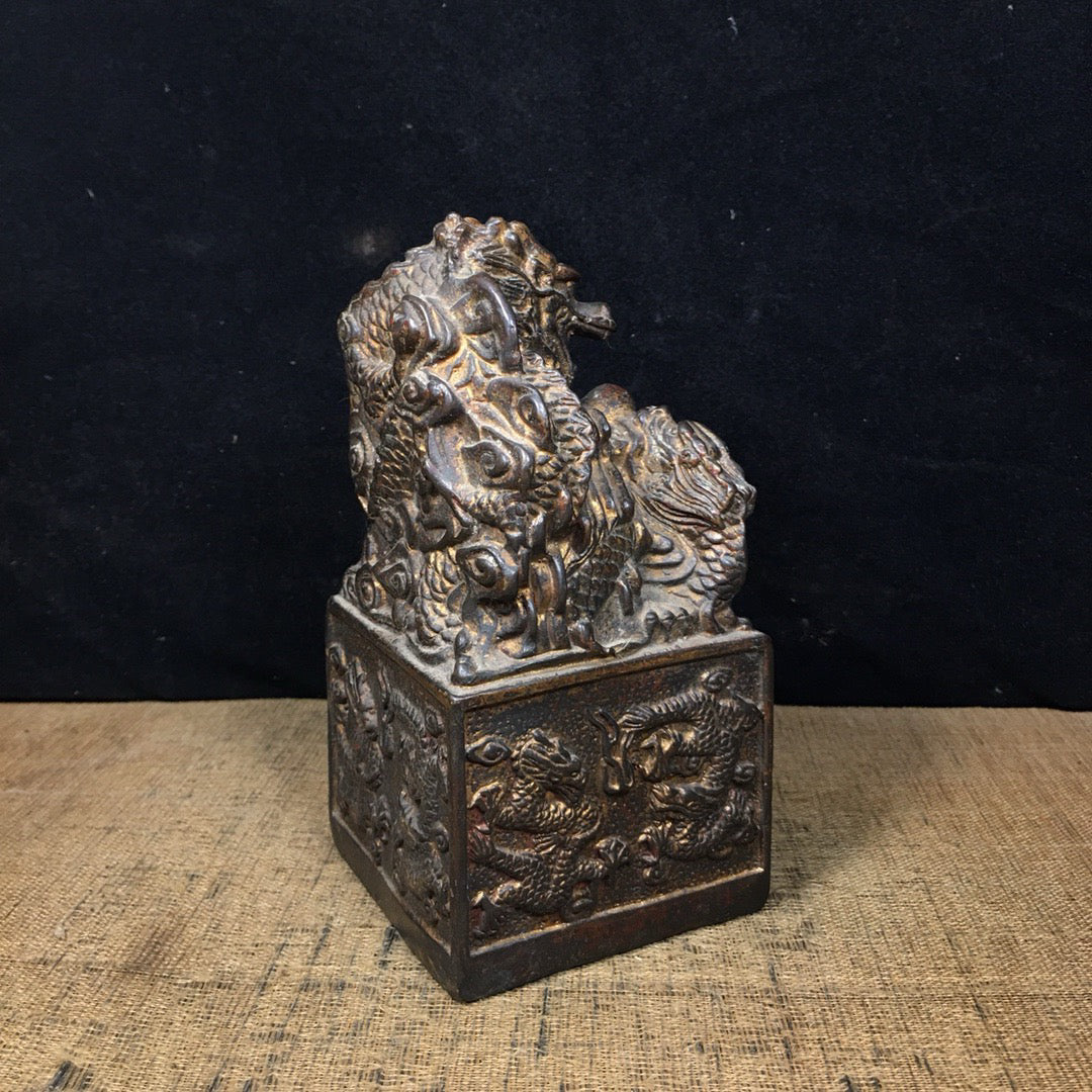 Chinese Antique Pure Copper Water Nine Dragon Gold Seal Ornament