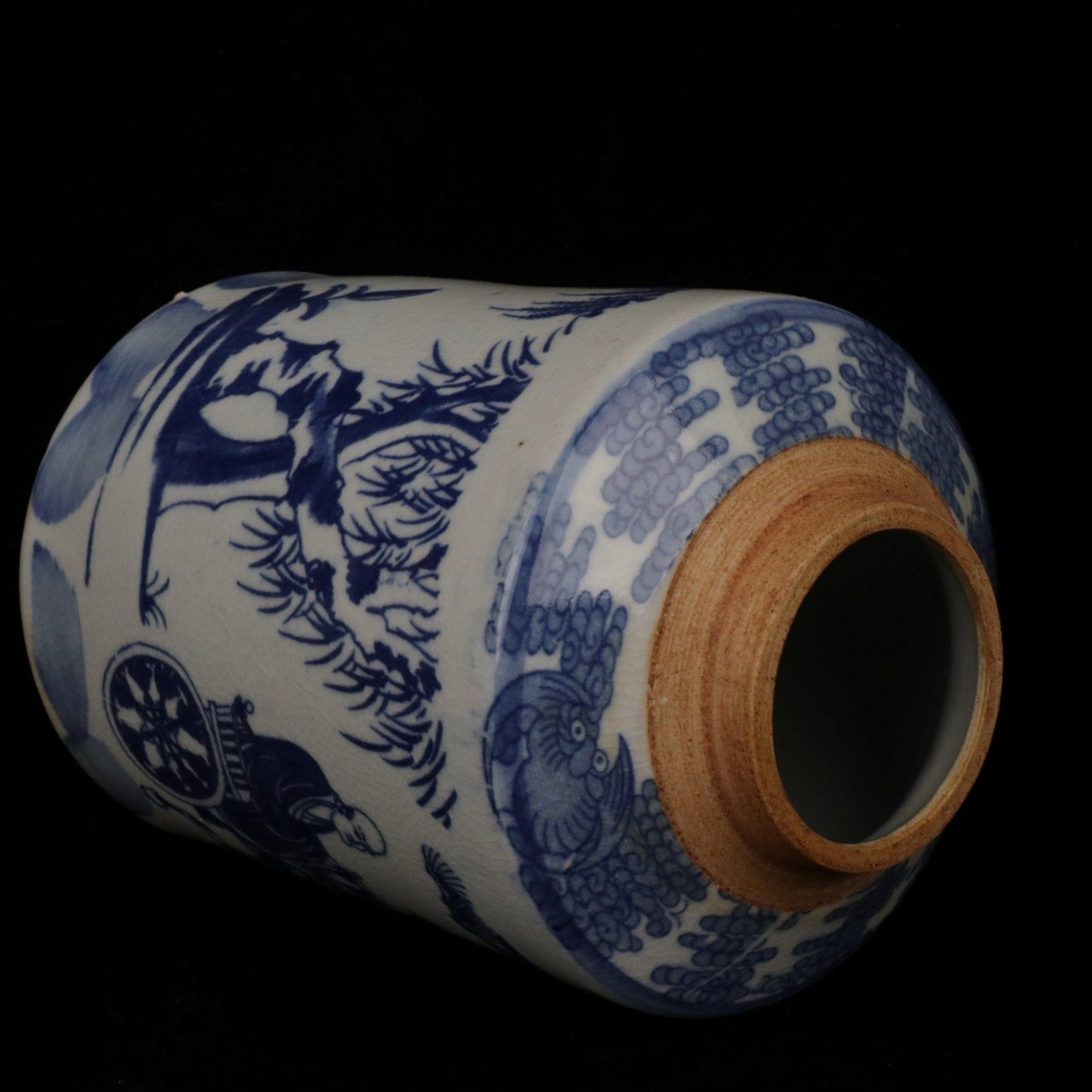 Blue and White Ghost Valley Descending Mountain Pattern Tea Jar