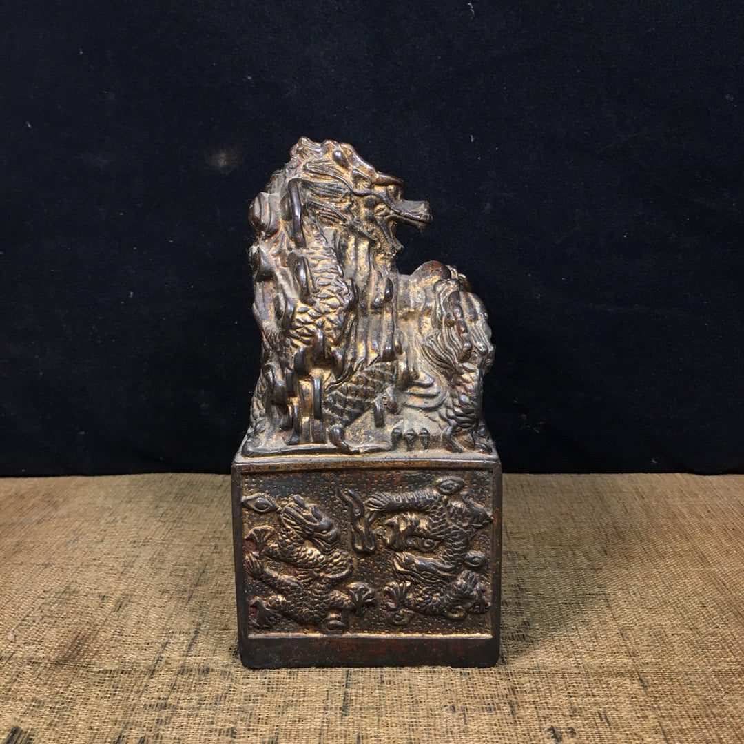Chinese Antique Pure Copper Water Nine Dragon Gold Seal Ornament