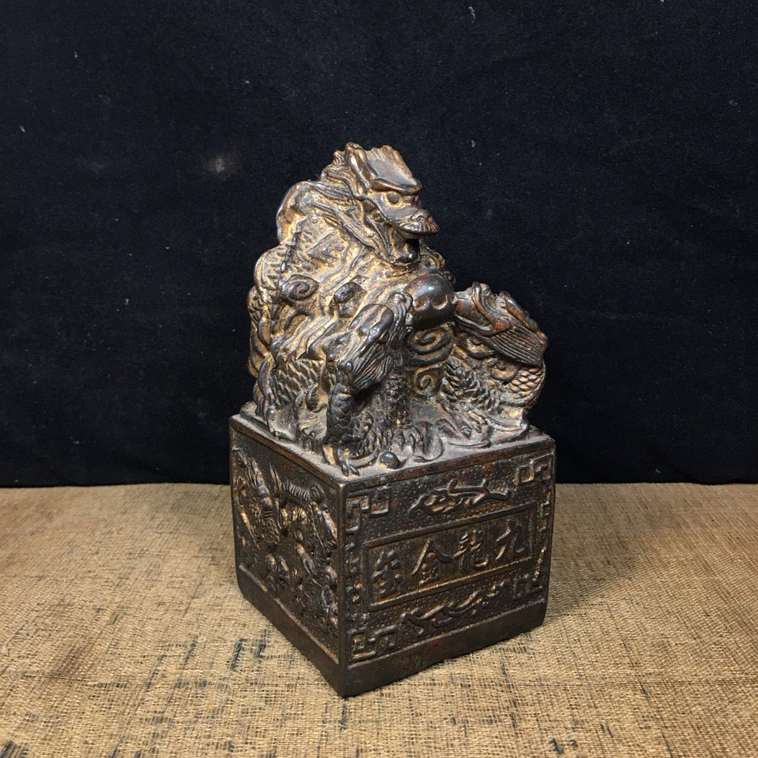 Chinese Antique Pure Copper Water Nine Dragon Gold Seal Ornament