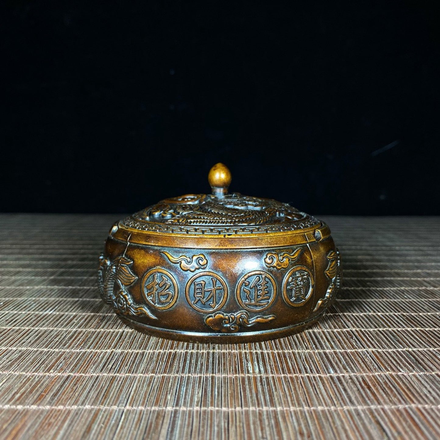 Pure copper relief dragon and phoenix treasure bowl ashtray