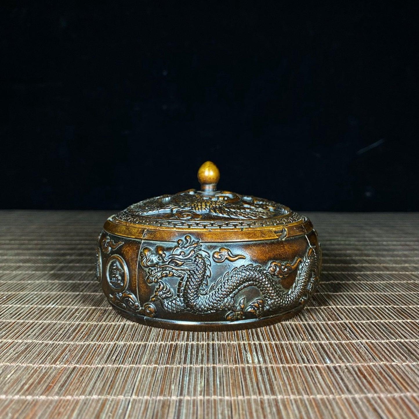 Pure copper relief dragon and phoenix treasure bowl ashtray