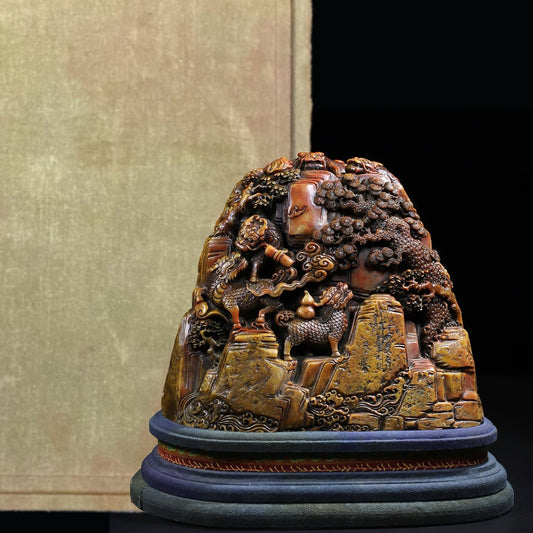 Shoushan Original Stone Qilin Offering Auspicious Seal Decoration