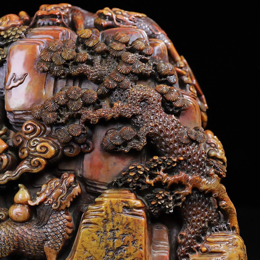 Shoushan Original Stone Qilin Offering Auspicious Seal Decoration