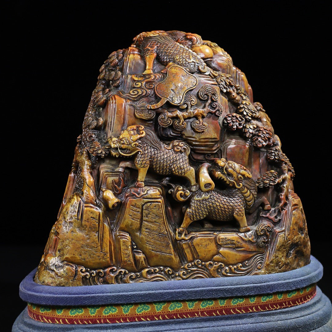 Shoushan Original Stone Qilin Offering Auspicious Seal Decoration