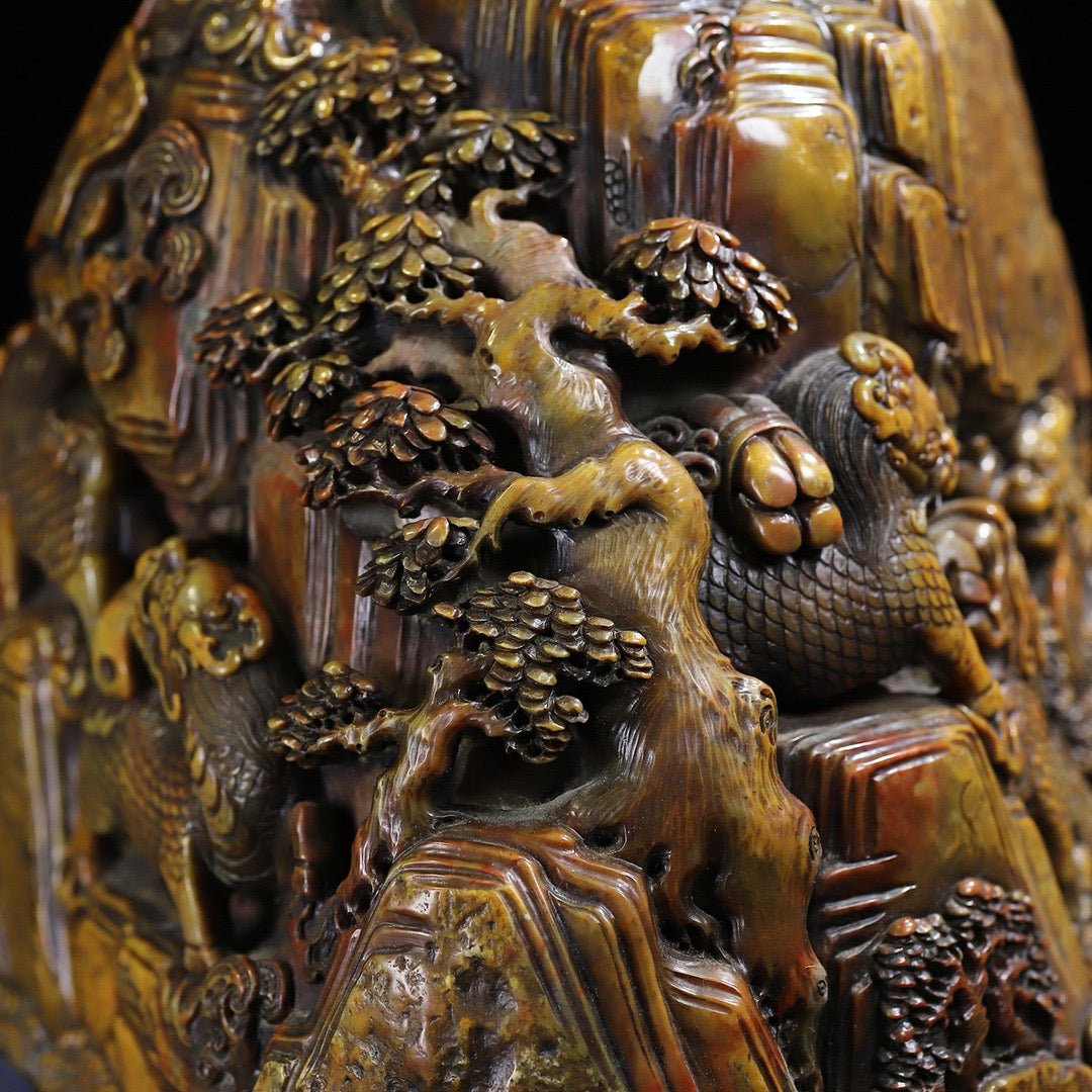 Shoushan Original Stone Qilin Offering Auspicious Seal Decoration