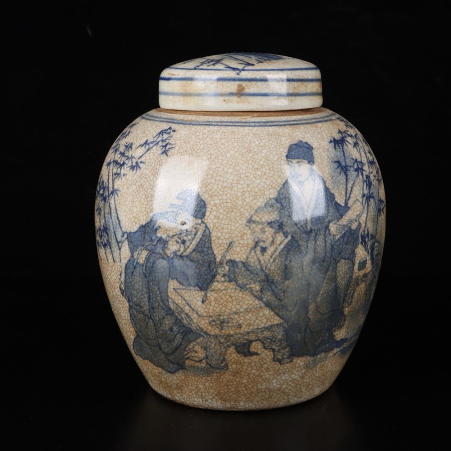 Open blue and white bamboo forest with seven sages patterned treasure bead jar