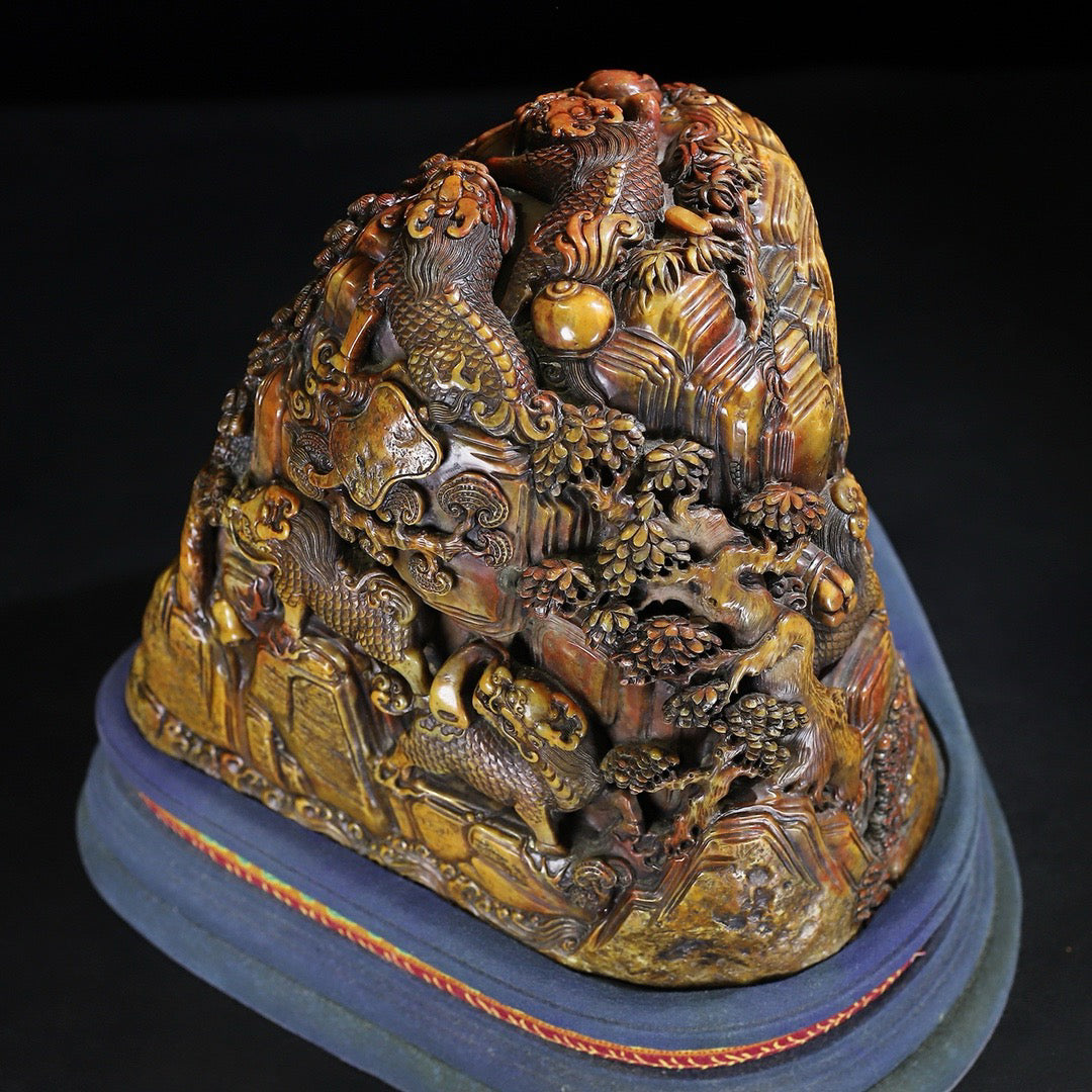 Shoushan Original Stone Qilin Offering Auspicious Seal Decoration