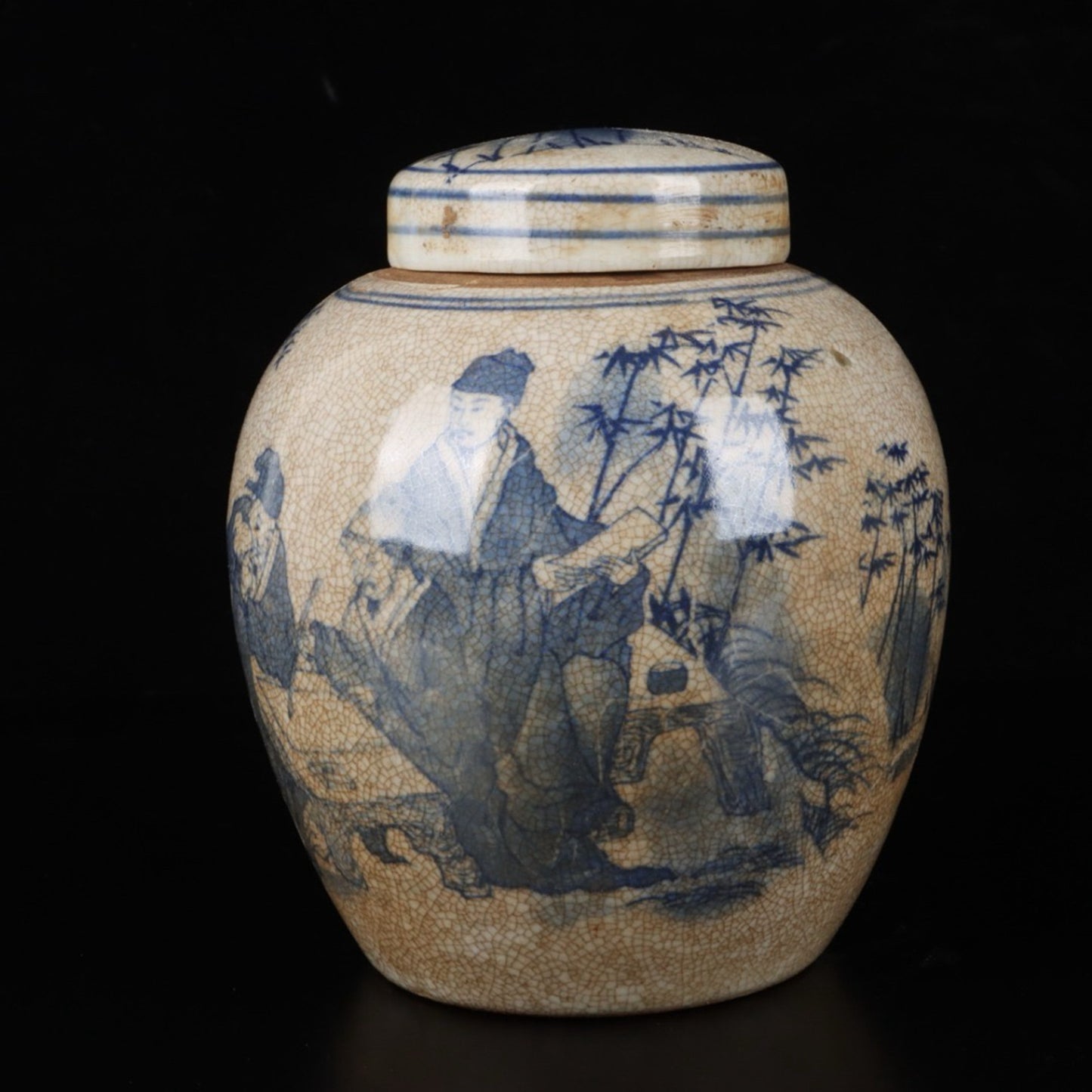 Open blue and white bamboo forest with seven sages patterned treasure bead jar