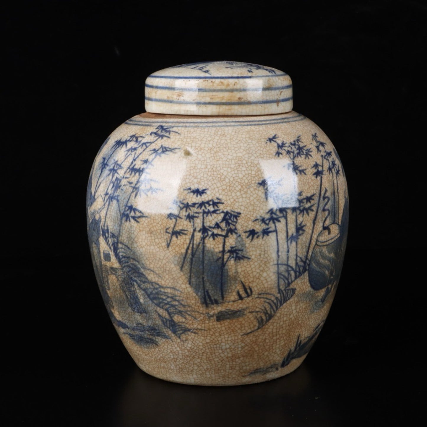 Open blue and white bamboo forest with seven sages patterned treasure bead jar
