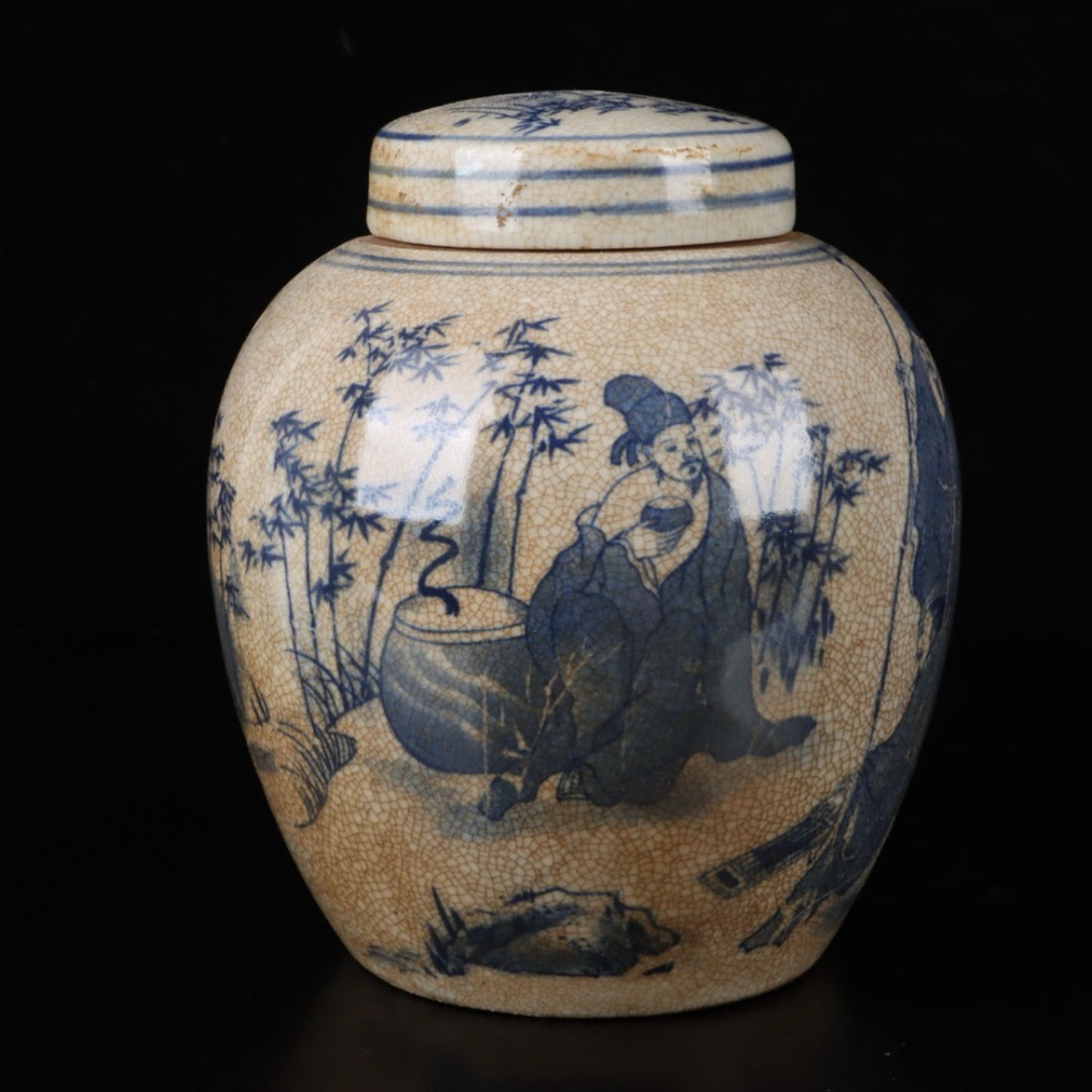 Open blue and white bamboo forest with seven sages patterned treasure bead jar