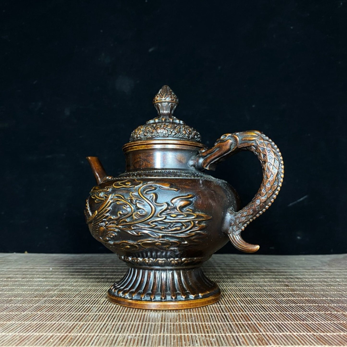 Pure copper relief dragon and phoenix teapot