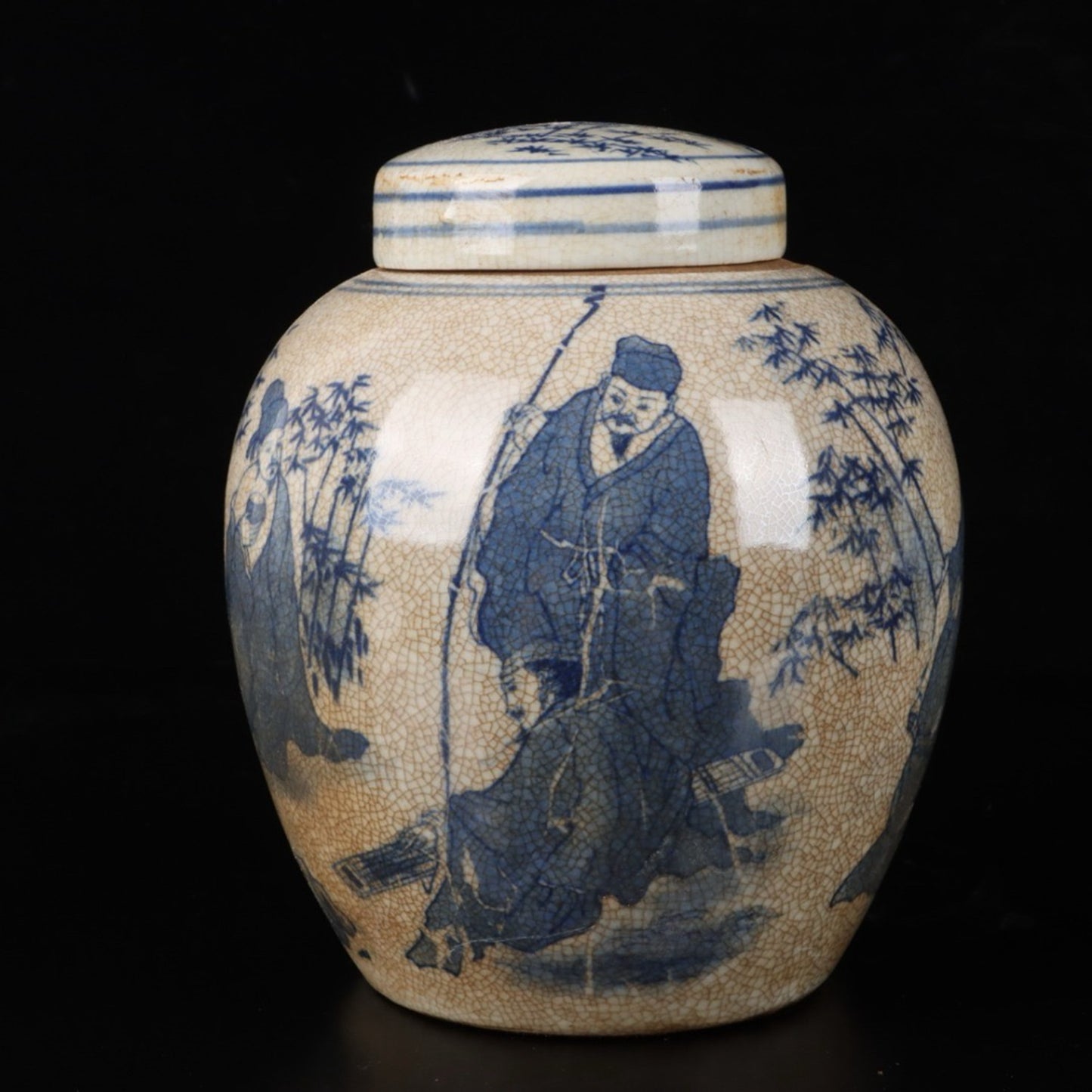 Open blue and white bamboo forest with seven sages patterned treasure bead jar