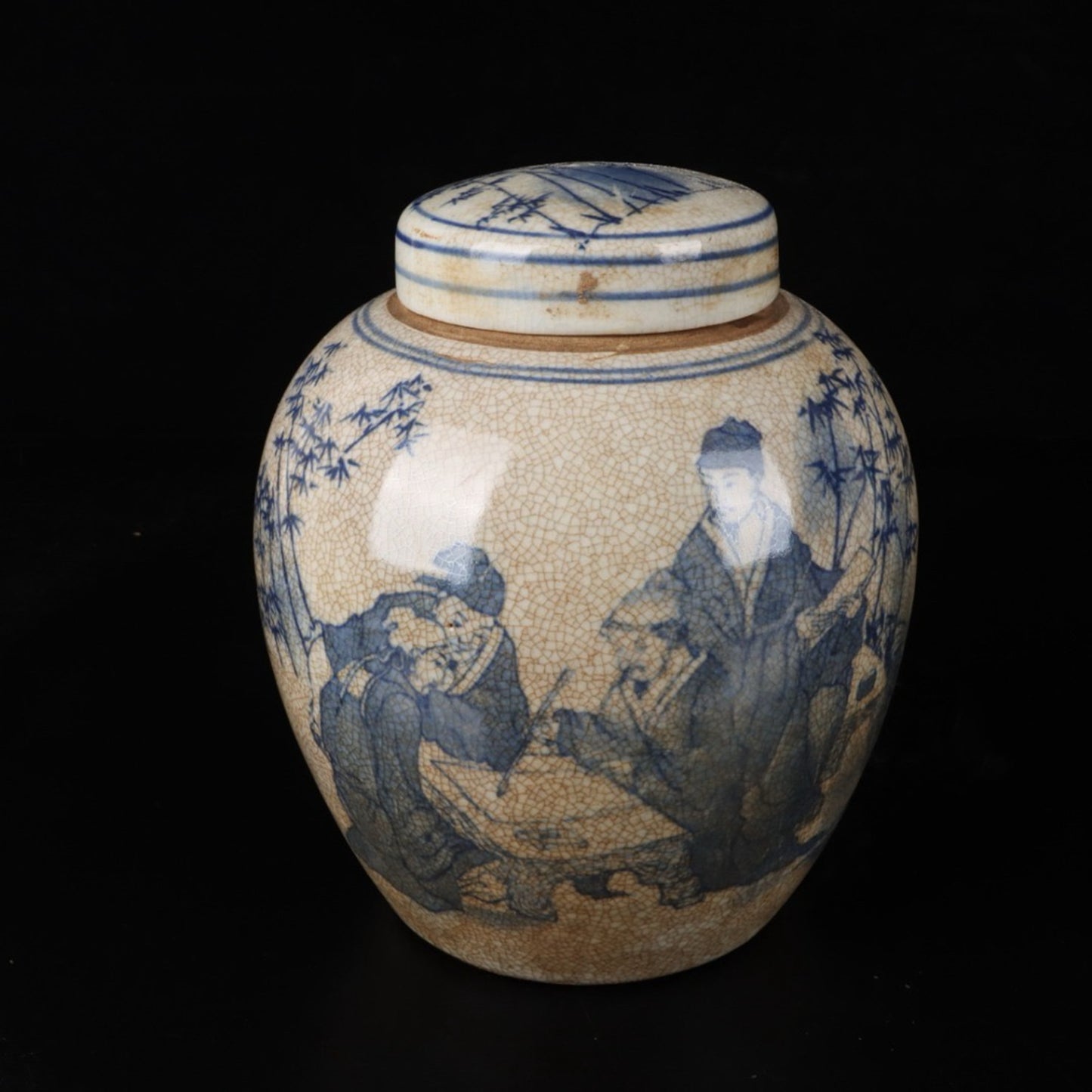 Open blue and white bamboo forest with seven sages patterned treasure bead jar