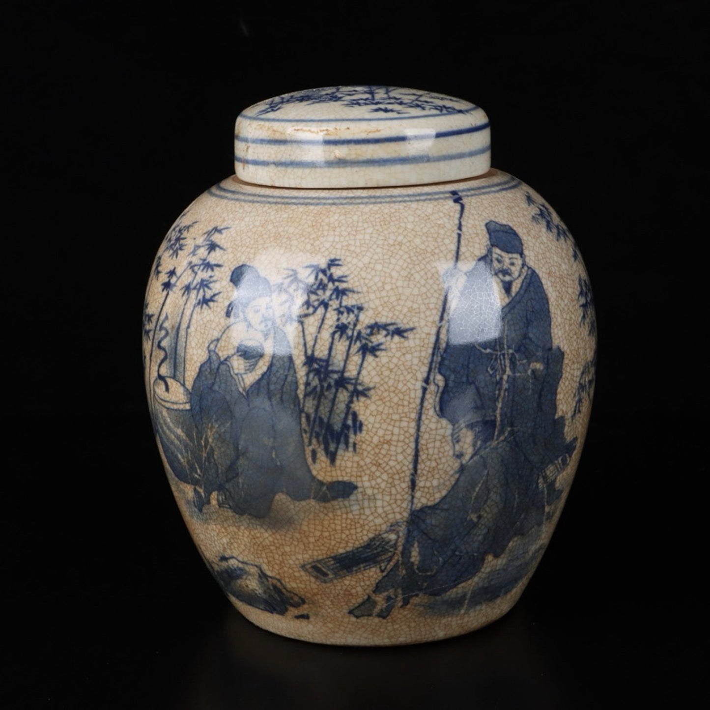 Open blue and white bamboo forest with seven sages patterned treasure bead jar