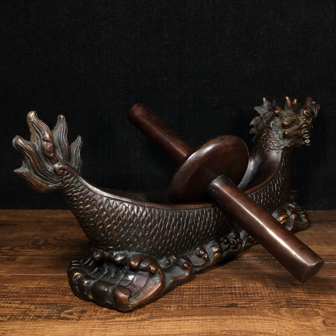 Chinese antique pure copper dragon boat medicine roller