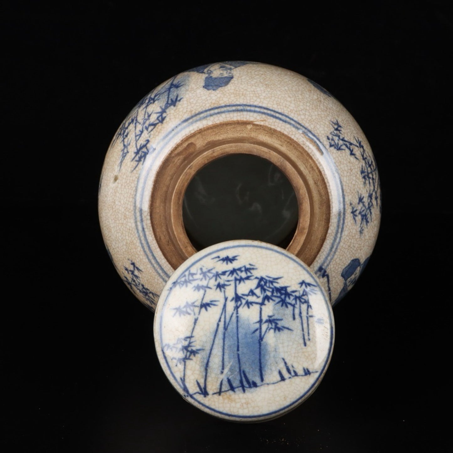 Open blue and white bamboo forest with seven sages patterned treasure bead jar