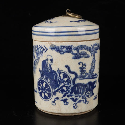 Blue and white tea jar with a pattern of Guigu Mountain and Guigu Mountain