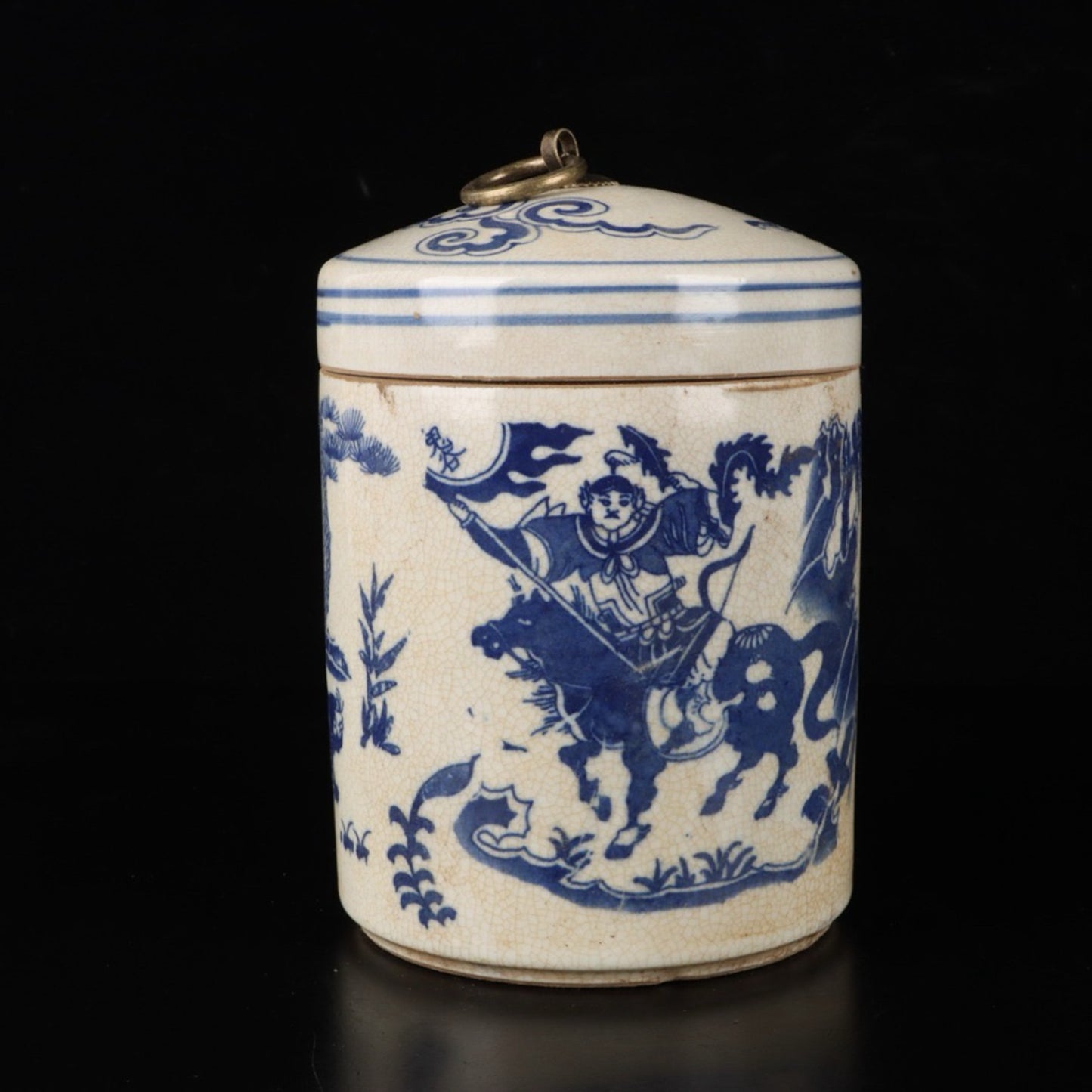 Blue and white tea jar with a pattern of Guigu Mountain and Guigu Mountain