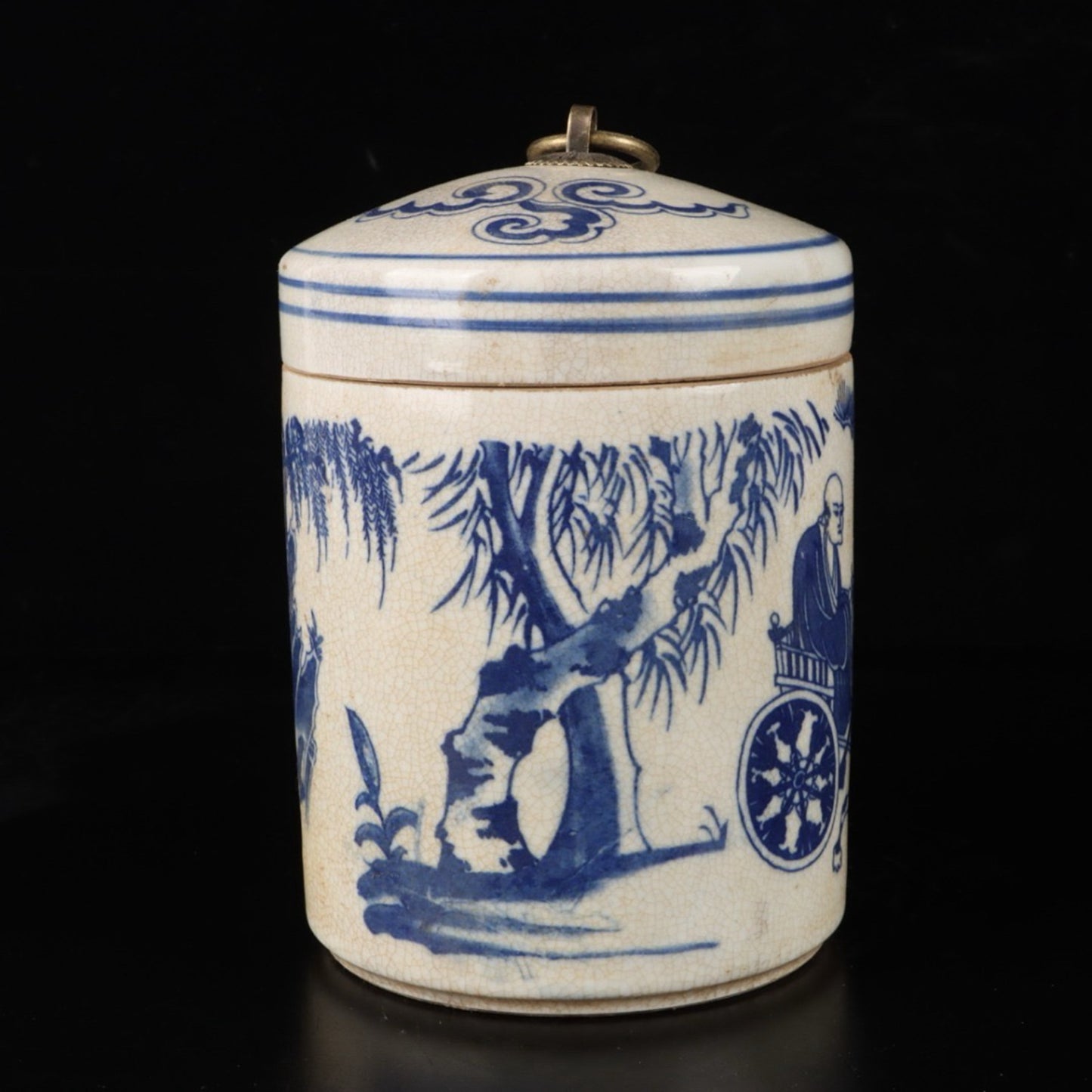 Blue and white tea jar with a pattern of Guigu Mountain and Guigu Mountain