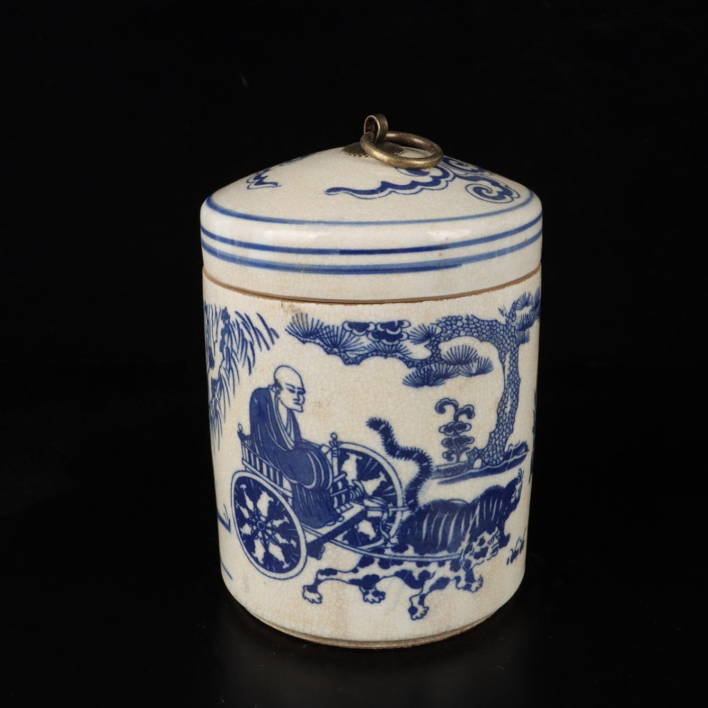 Blue and white tea jar with a pattern of Guigu Mountain and Guigu Mountain
