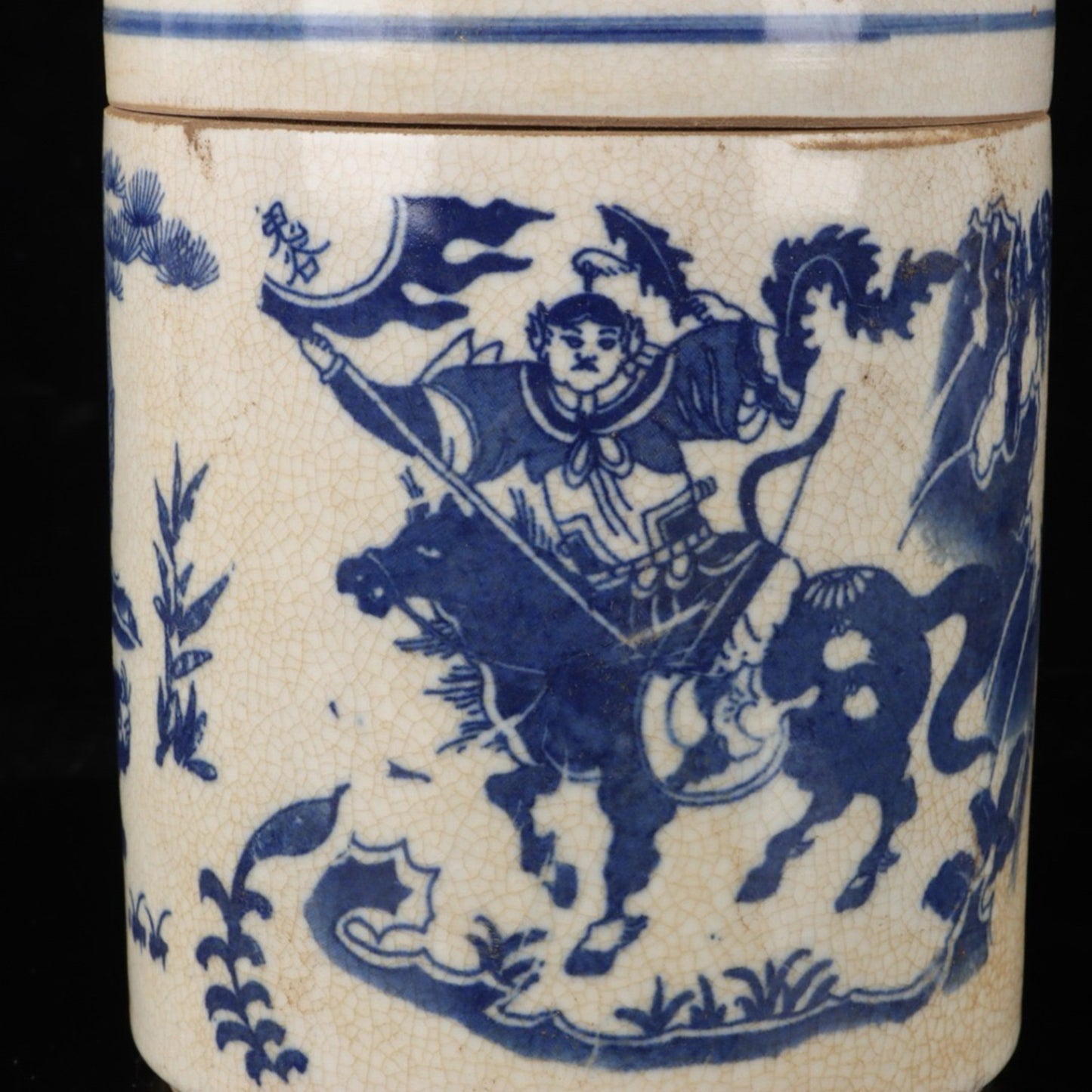 Blue and white tea jar with a pattern of Guigu Mountain and Guigu Mountain